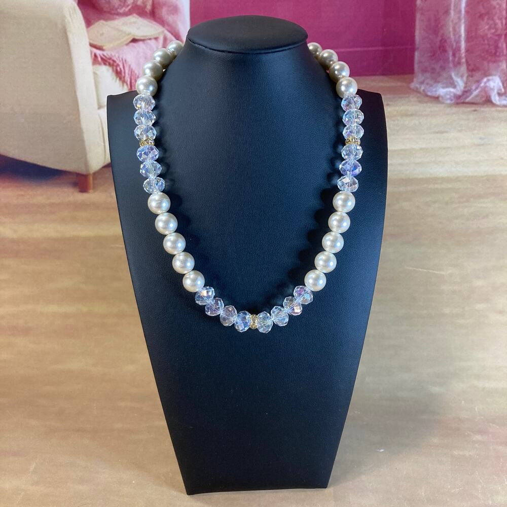 0033 Bridal Glass Pearl & Faceted Aurora Borealis Crystal Beaded Necklace EUC